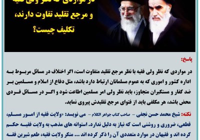 در مواردی که نظر ولی فقیه و مرجع تقلید تفاوت دارند، تکلیف چیست؟ در مواردی که نظر ولی فقیه و مرجع تقلید تفاوت دارند، تکلیف چیست؟