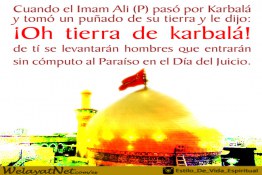 Cuando el Imam Ali (P) pasó por Karbalá y tomó un puñado de su tierra y le dijo: ¡Oh tierra de karbalá! de tí se levantarán hombres que entrarán sin cómputo al Paraíso en el Día del Juicio.